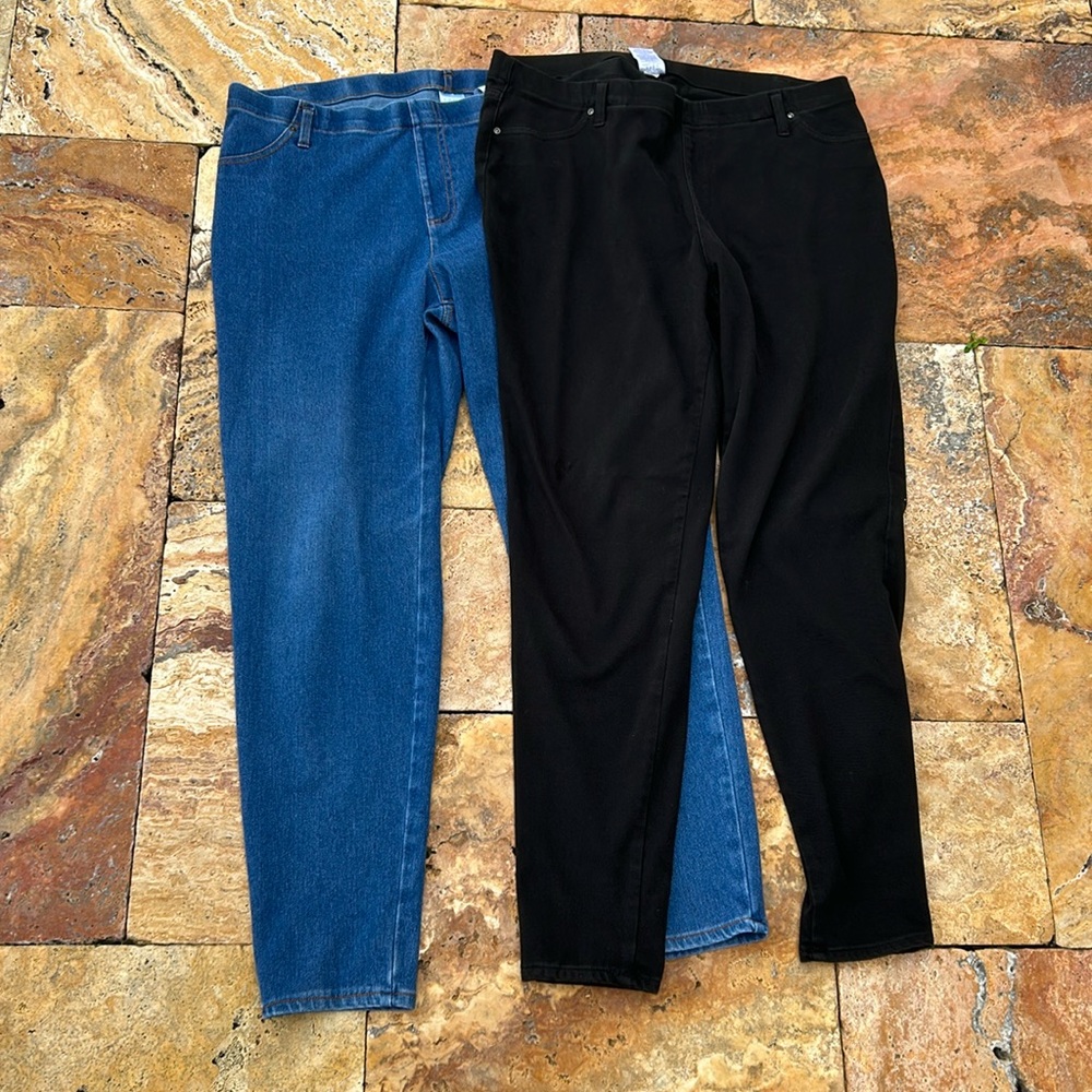 Jeggings, one black pair, one denim colored
